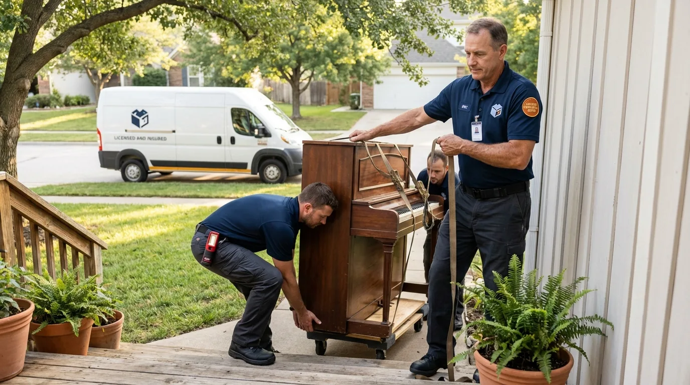 Licensed piano movers securing grand piano in Madison, MN