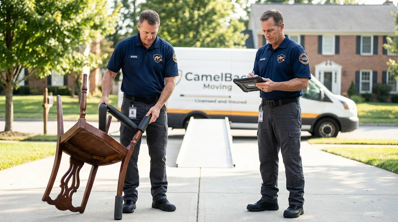 Movers inspecting furniture for damage prevention before loading in Madison, MN