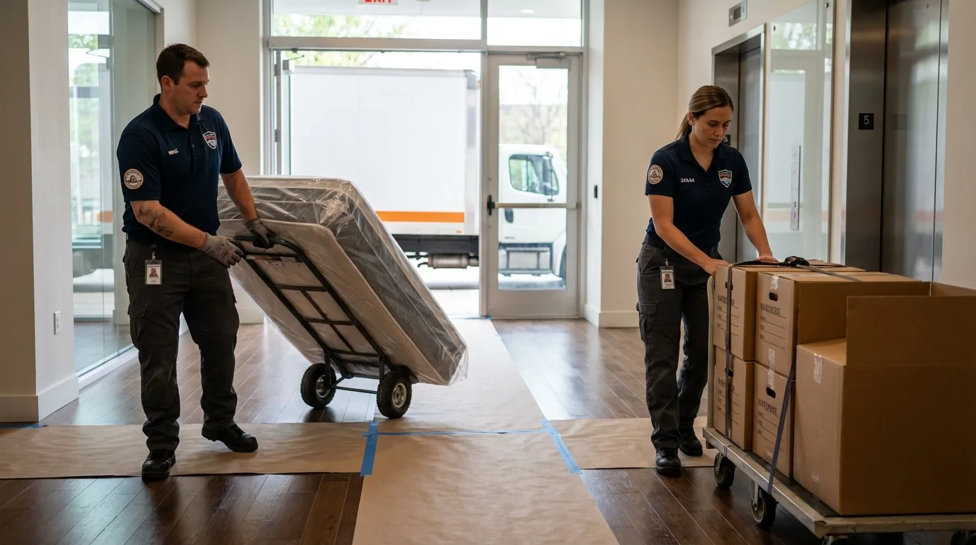 Professional apartment movers loading elevator in Madison, MN